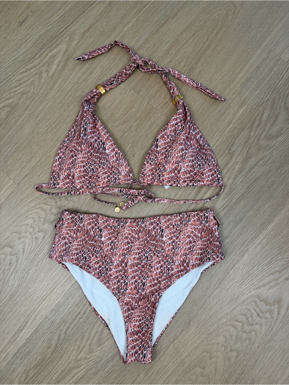 OndadeMar Rose Snake-Print Triangle Bikini Set with Gold Accents